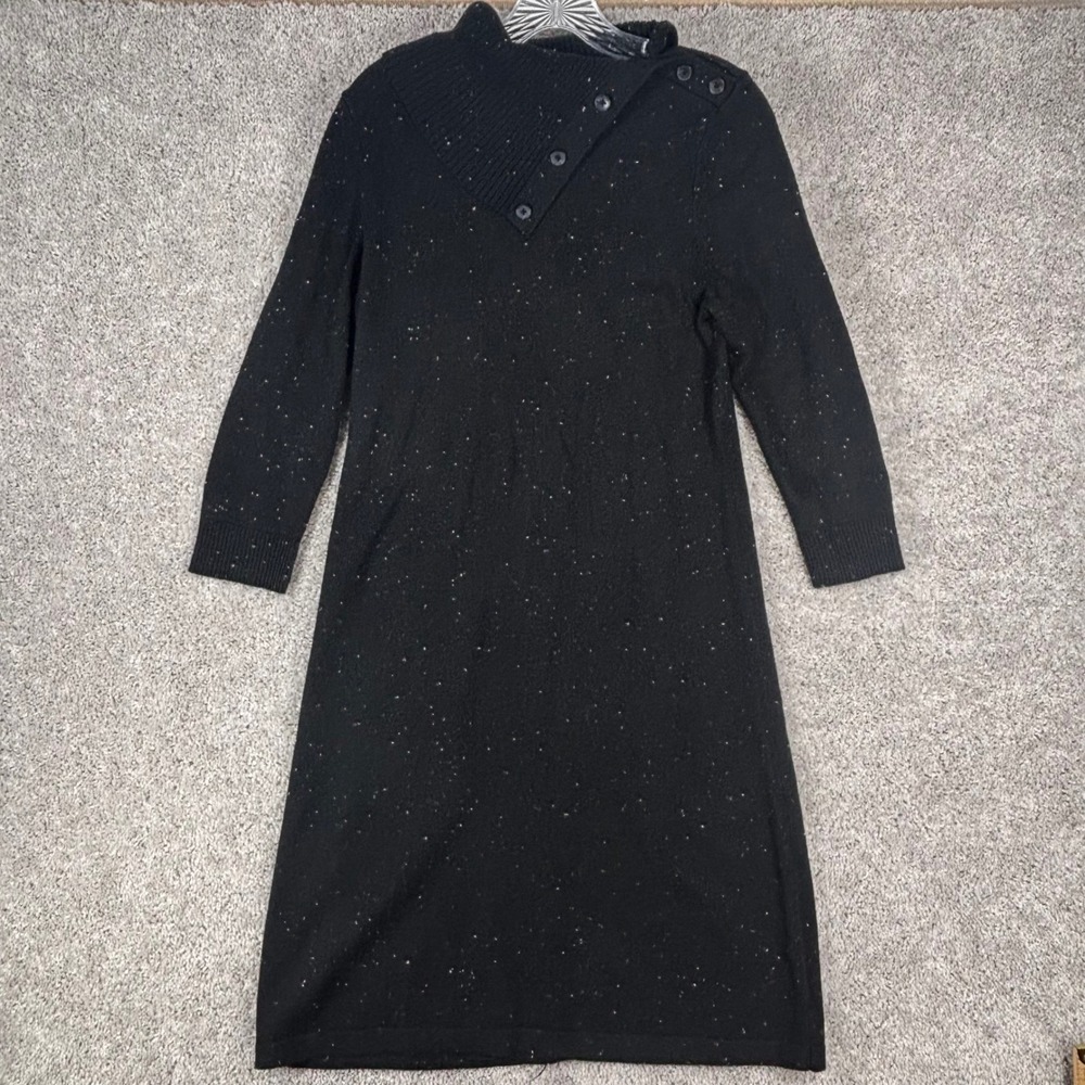 Talbots Womens Black Speckled Button Funnel Neck Cotton Knit Sweater Dress M